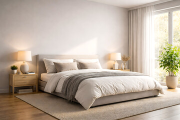 Fototapeta premium Modern bedroom interior with beige bed, nightstands, and plants near a large window with sheer curtains