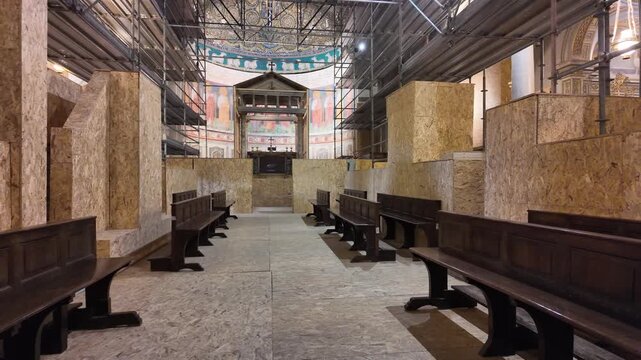 Cinematic Interior Of Basilica San Clemente Rome With Golden Mosaic