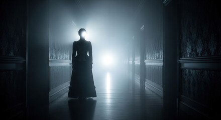 Fototapeta premium Woman in long dress walking down a dimly lit hallway