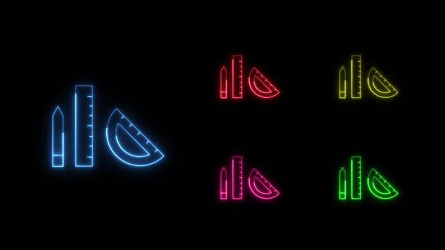 Multivariant glowing neon animations of pencil, ruler, and protractor in various colors on a dark background. Education. Learning. Geometry. Design tools. School supplies