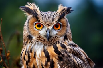 Obraz premium Majestic eurasian eagle owl with striking orange eyes and detailed feathers looking directly at viewer