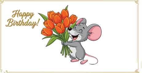 Cute birthday greeting illustration with happy mouse holding bouquet of orange tulips and decorative frame colorful cartoon vector design © Jahangir