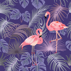 Tropical palm leaves and flamingo seamless pattern, purple branches. © Artlu