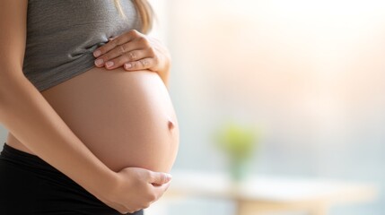Pregnant Woman Cradling Her Belly With Fetus Inside, Soft Light Background