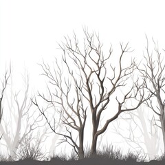 Obraz premium A forest edge silhouette depicts bare, brown trees against a white background, misty and barren