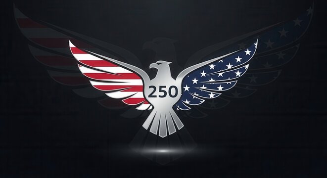 Silver eagle emblem with American flag wings and number 250. United States 250th anniversary commemorative logo for independence day and semiquincentennial celebration on dark background.