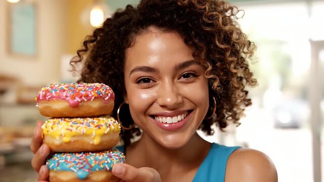 Happy woman holding a stack of delicious donuts.