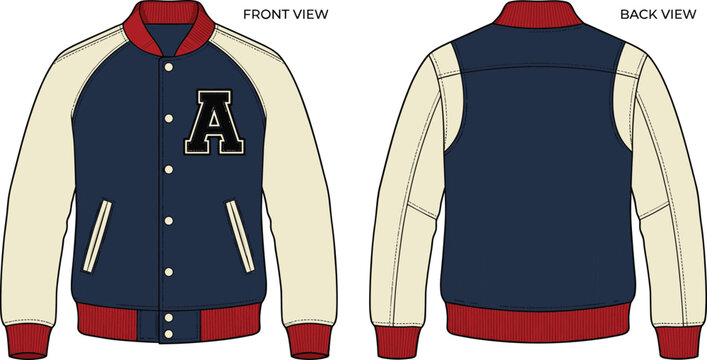 Varsity jacket fashion illustration vector front back views apparel design graphics, school spirit clothing concept, creative art collection