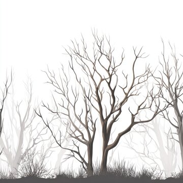 A forest edge silhouette depicts bare, brown trees against a white background, misty and barren