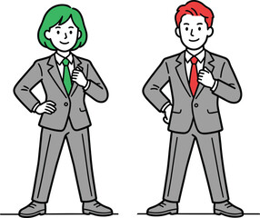 Two people in suits with green and red ties standing confidently