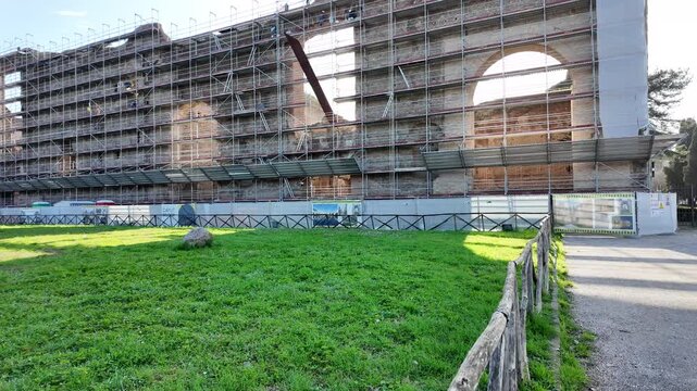 Ancient Ruins Of Baths Of Caracalla In Rome Slow Motion