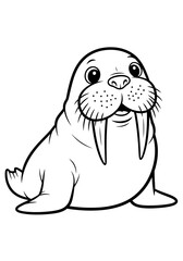 Obraz premium Adorable cartoon walrus graphic illustration with a smiling face and tusks perfect for kids coloring books and educational materials.