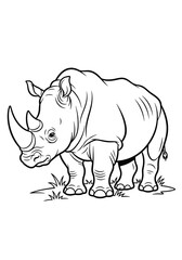 Fototapeta premium Black and white vector illustration of a rhinoceros standing on the grass with a prominent horn and detailed facial features in a simple graphic design style.