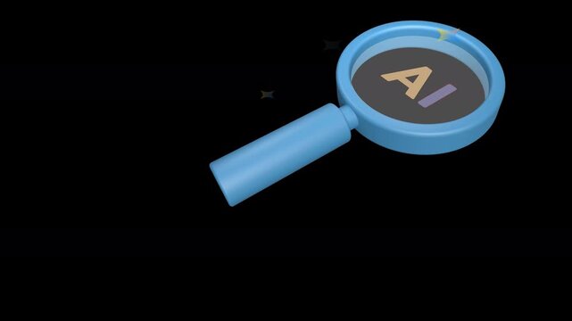 Exploring AI: A magnifying glass reveals "AI" with sparkling effects&mdash;symbolizing discovery, analysis, and innovation in artificial intelligence technology. Alpha channel