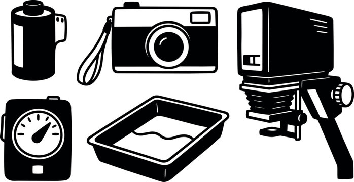 Minimalist vector silhouette close up darkroom tools set with enlarger camera film canister developing tray and light meter angled view