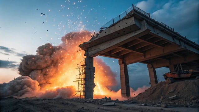 Demolition explosion under highway bridge with smoke and debris flying