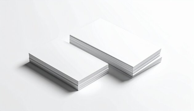 Stack of blank white business cards arranged neatly, minimal professional composition, realistic photography, soft natural shadow, isolated on pure white background, high resolution, commercial stock 