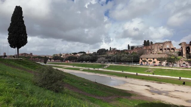 Panoramic View Of Circo Massimo And Palatine Hill In Rome Slow Motion