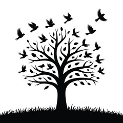 Obraz premium A silhouetted tree with numerous birds taking flight against a white background