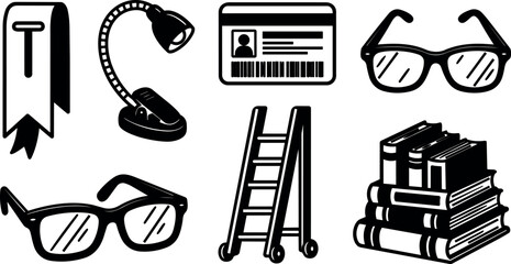 Fototapeta premium Line art hand drawn educational and office icon set with glasses ladder stack of books desk lamp id card bookmark