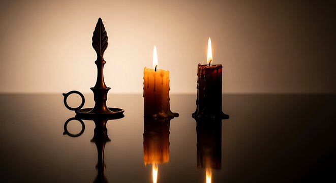 Lit candles and a snuffer on a reflective surface in a warm light ambiance  peaceful atmosphere
