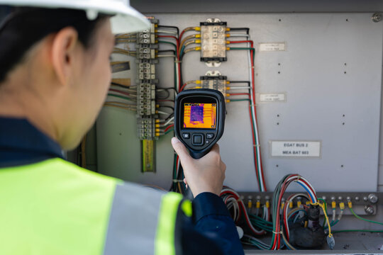 Electrician scanning terminal blocks with thermal camera inside electrical cabinet