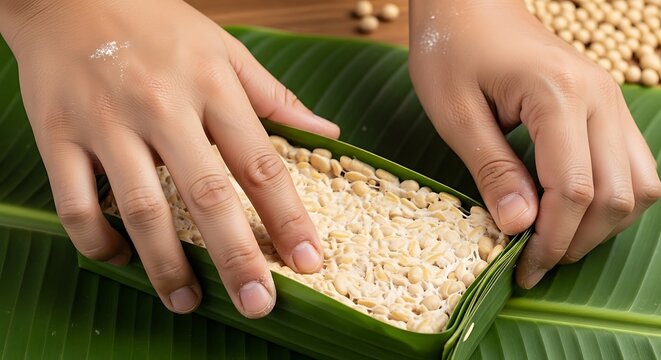 Preparing tempeh traditionally, using banana leaves for fermentation