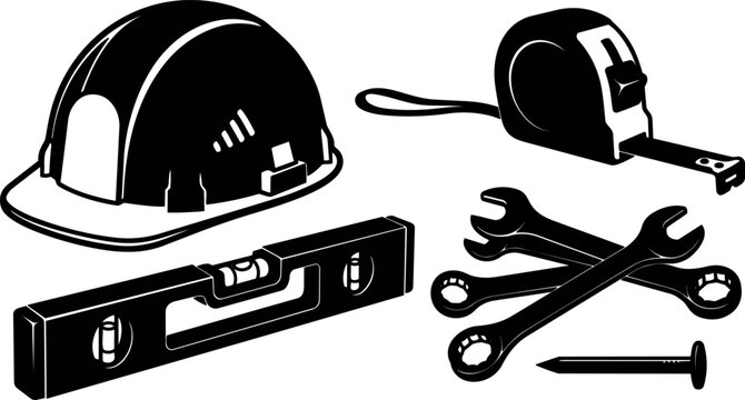 Monochrome vector flat design construction tool set with hard hat tape measure spirit level crossed wrenches and nail close up