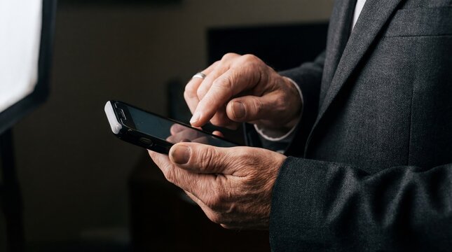 Man holding a smartphone and tapping on the screen. Senior man using modern technology for communication and mobile services.