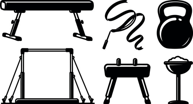 Flat design gymnastic equipment icons bench pommel horse jump rope kettlebell chalk cup parallel bars balance beam set silhouette vector