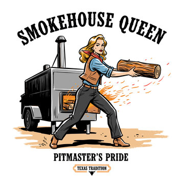 Smokehouse Queen pitmaster woman feeding wood to smoker, vintage Western Texas BBQ graphic for apparel design.