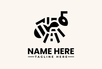 A black and white vector illustration of a stylized logo with geometric shapes and placeholder text on a beige background.