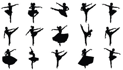Ballet dancers silhouettes set, graceful ballerina and male dancer poses in black vector illustration isolated on white background for dance studio design © MdAbuBakkar