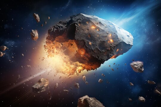 Asteroid shattering in space, debris and fire clouding across the cosmos