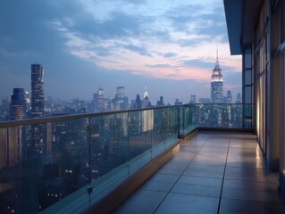 Fototapeta premium Evening sky softly hues over urban skyline. Glass balcony overlooks city's glowing lights. Modern railing reflects twilight's gentle glow. Futuristic architecture stands tall against sky