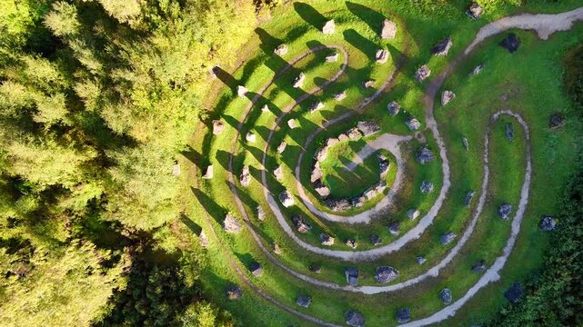 Drone Footage of Touchstone Maze Geological Monument, Strathpeffer, Scotland - 81 Rocks Labyrinth at Blackmuir Wood