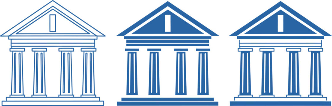 Three classic blue and white architectural facades with columns