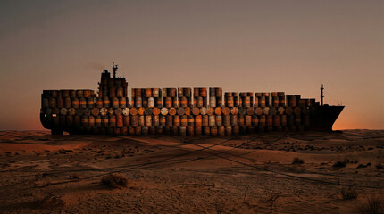 Obraz premium Large ship made of rusty barrels stranded in dry desert highlights energy crisis and geopolitics affecting global transport and resource management in harsh environment