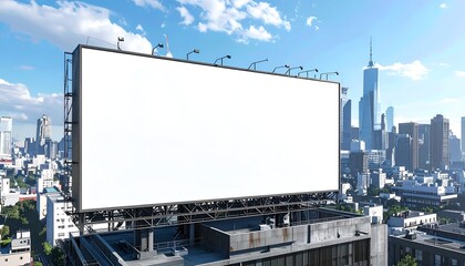 Obraz premium Billboard in Metropolis: An elevated billboard offers a prime opportunity for impactful messaging, situated atop a city building, with a stunning city backdrop, ideal for advertisement.