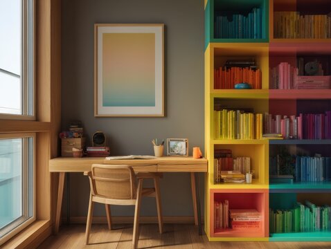 Cozy corner with wooden desk and chair. Colorful bookshelf stands beside the desk. Books neatly arranged by vibrant hues. Window lets in soft, natural light. Wall art adds calm, modern touch