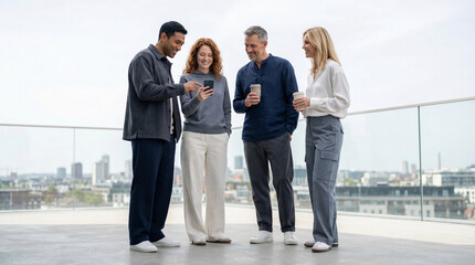 Fototapeta premium Diverse group of colleagues sharing a smartphone on a rooftop terrace overlooking city