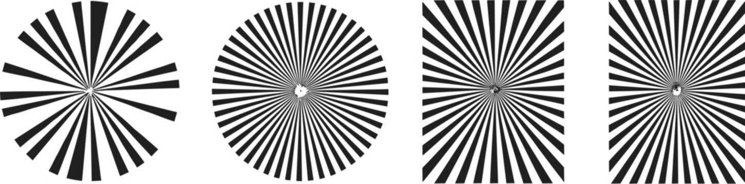 Set of radial sunburst patterns and Siemens star focus charts with black and white circular and square starburst elements for optical testing and graphic design.