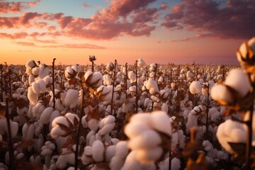 Cotton bolls growing in a field under a colorful sky, ready for harvest