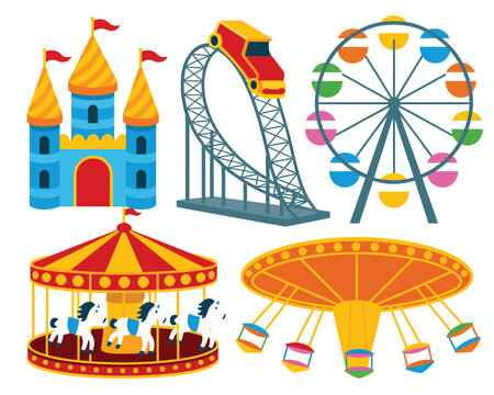 Amusement park rides featuring castle, roller coaster, carousel, and swing ride.