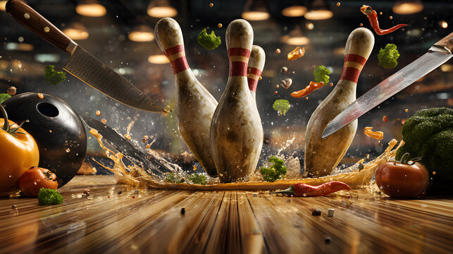 Bowling pins and kitchen knives with vegetables