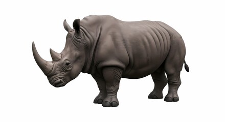 Obraz premium Powerful Grey Rhinoceros with Distinctive Horn Standing Calmly on a Pure White Background, Highlighting its Majestic Presence in African Wildlife Conservation