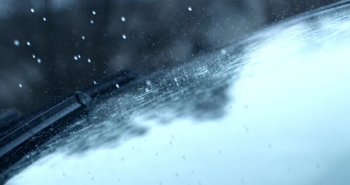 Slow Motion of Windshield Wiper Moving Across Rainy Car Window Macro. Concept of Driving Safety