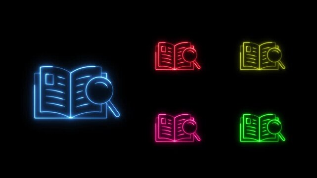 Set of glowing neon book and magnifying glass search animations in different colors on a black background. Education. Research. Knowledge. Learning. Information.