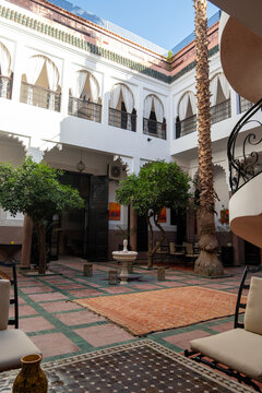 Marrakech - Riad, traditional moroccan houses, detail of the central courtyard. Medina  old city. North Africa
