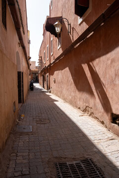Marrakech Medina, deserted pedestrian street inside the walls. The Medina old town beautiful alleyways and back streets.  North Africa
